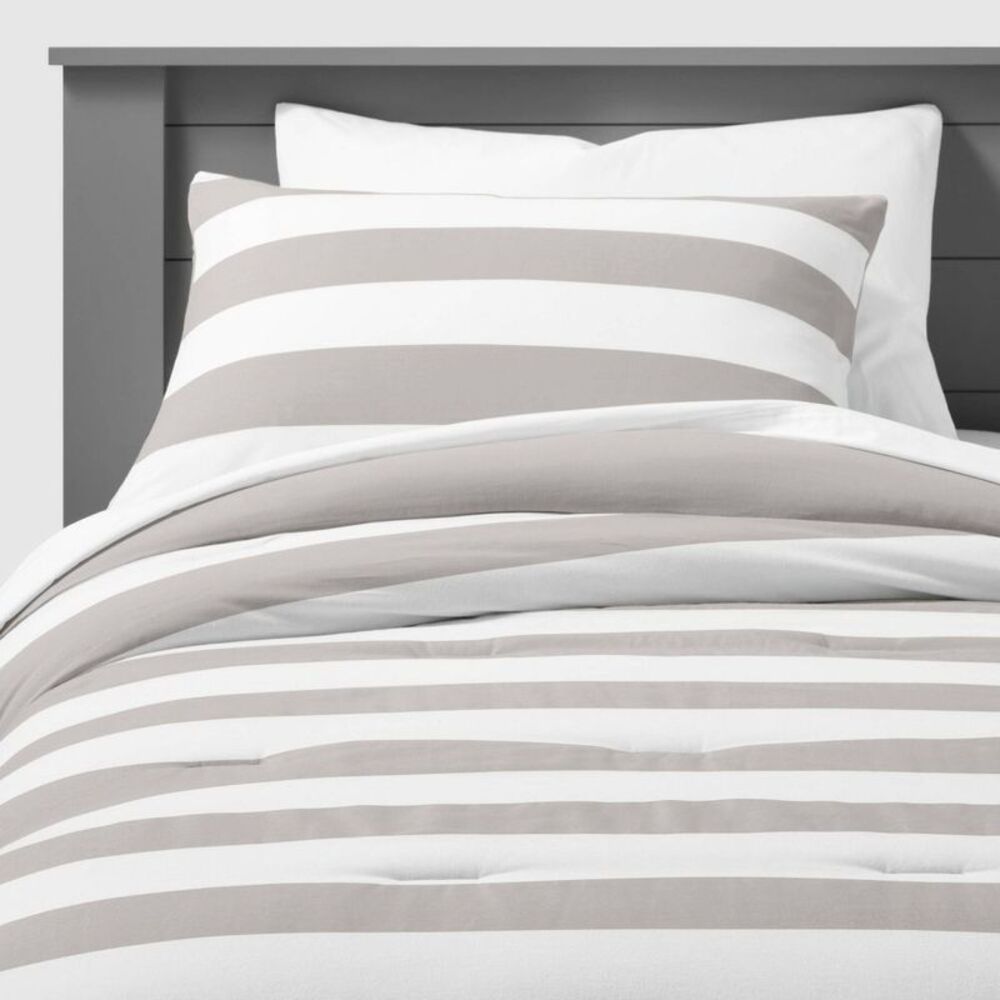 Twin Rugby Striped Cotton Kids' Bedding Comforter Set - Gray